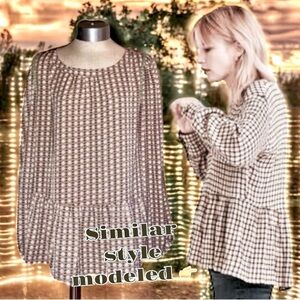 🌟 Boho Buckle Very J Brown Bohemian Print Long Sleeve Peplum Peasant Top L EUC
